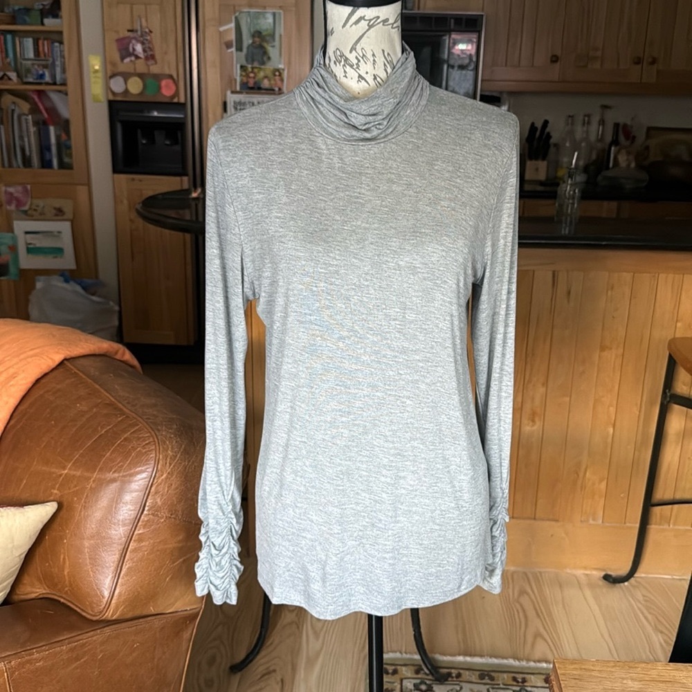 NWOT Grace Ruched Turtle Neck & Sleeve Cuff, Soft Rayon Long Sleeve Top. L